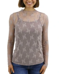 Lace Mesh Taupe Top -Active Aura Shop LaceMeshTop Taupe 1 1