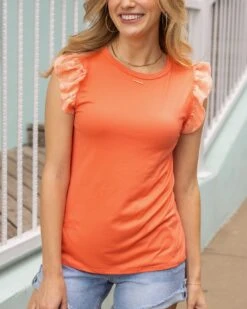 Live-In Tangerine Ruffle Sleeve Top