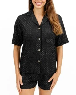 Live-In Short Sleeve Pajama Set In Black Dot Print -Active Aura Shop LiveInShortSleevePajamaSet BlackDot 1