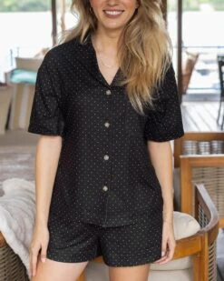 Live-In Short Sleeve Pajama Set In Black Dot Print