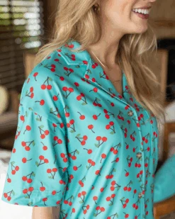 Live-In Short Sleeve Pajama Set In Cherry Print 16 Live-In Short Sleeve Pajama Set In Cherry Print -Active Aura Shop LiveInShortSleevePajamaSet Cherry 11