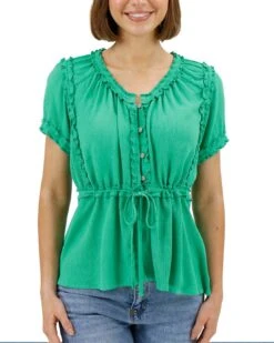 Lola Frilly Button Front Top In Spring Green 19 Lola Frilly Button Front Top In Spring Green -Active Aura Shop LolaFrillyButtonFrontTop SpringGreen 1