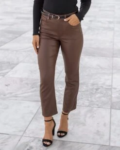 Faux Leather Straight Leg Cropped Denim 16 Faux Leather Straight Leg Cropped Denim -Active Aura Shop MelsFaceStraightLegCoatedDenim BrownStone 1