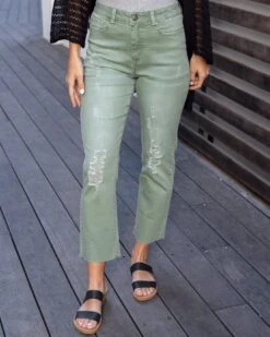 Mel's Fave Distressed Cropped Straight Leg Colored Denim In Dusty Olive