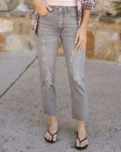 Mel's Fave Distressed Cropped Straight Leg Colored Denim In Grey
