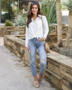 Mel's Fave Distressed Straight Leg Cropped Denim In Light Mid-Wash -Active Aura Shop MelsFaveStraightLegCroppedDenim LightMidWash SS24 11 1