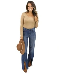 Front Slit Aged Mid-Wash Jeans -Active Aura Shop MelsSelfies6