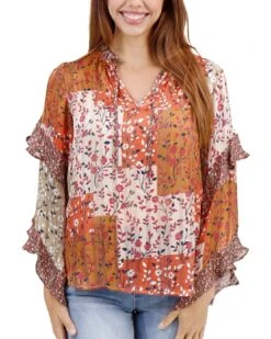 Mixed Print Autumn Patchwork Ruffle Top -Active Aura Shop MixedPrintRuffleTop AutumnPatchwork 1 1