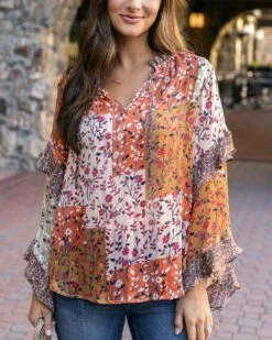Mixed Print Autumn Patchwork Ruffle Top