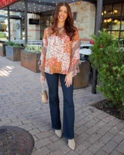 Mixed Print Autumn Patchwork Ruffle Top -Active Aura Shop MixedPrintRuffleTop AutumnPatchwork 16