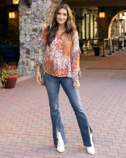 Mixed Print Autumn Patchwork Ruffle Top -Active Aura Shop MixedPrintRuffleTop AutumnPatchwork 8