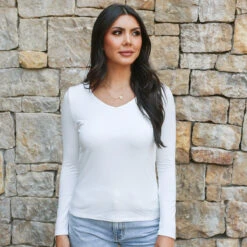 Modal V-Neck Ivory Long Sleeve Tee 13 Modal V-Neck Ivory Long Sleeve Tee -Active Aura Shop ModalVNeckLongSleeve Ad 1