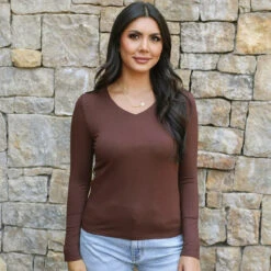 Modal V-Neck Brown Long Sleeve Tee -Active Aura Shop ModalVNeckLongSleeve Ad 2