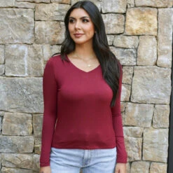 Modal V-Neck Red Long Sleeve Tee -Active Aura Shop ModalVNeckLongSleeve Ad 3