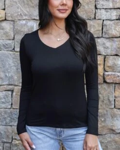 Modal V-Neck Black Long Sleeve Tee