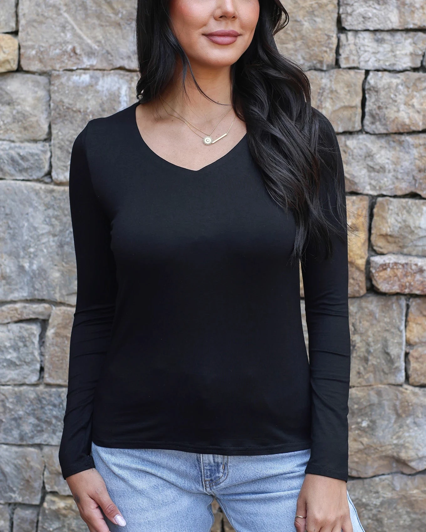 Modal V-Neck Black Long Sleeve Tee 3 Modal V-Neck Black Long Sleeve Tee