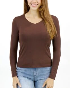 Modal V-Neck Brown Long Sleeve Tee -Active Aura Shop ModalVNeckLongSleeve Brown 1