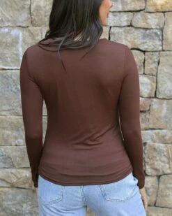 Modal V-Neck Brown Long Sleeve Tee -Active Aura Shop ModalVNeckLongSleeve Brown 5