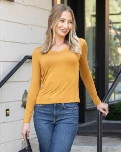 Modal V-Neck Mustard Long Sleeve Tee -Active Aura Shop ModalVNeckLongSleeve Mustard 4 1