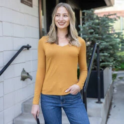 Modal V-Neck Mustard Long Sleeve Tee -Active Aura Shop ModalVNeckLongSleeve Mustard ad