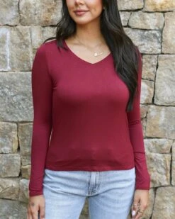Modal V-Neck Red Long Sleeve Tee