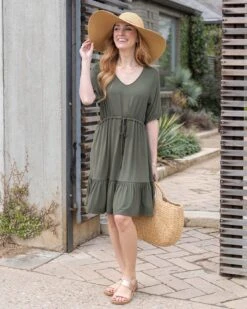 Olive Modal Waist Tie Dress -Active Aura Shop ModalWaistTieDress Olive 6