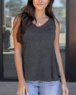 New Charcoal Perfect Pocket V-Neck Tank - FINAL SALE