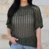 Open Knit Olive Short Sleeve Pullover