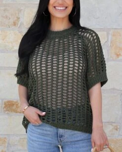 Open Knit Olive Short Sleeve Pullover