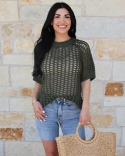 Open Knit Olive Short Sleeve Pullover -Active Aura Shop OpenKnitShortSleeveTop Olive 7 d701d7f8 7bc0 4542 ad4d b4785141387a