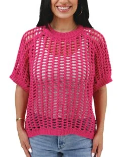 Open Knit Pink Short Sleeve Pullover -Active Aura Shop OpenKnitshortSleeveTop Pink 1