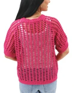 Open Knit Pink Short Sleeve Pullover -Active Aura Shop OpenKnitshortSleeveTop Pink 2