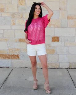 Open Knit Pink Short Sleeve Pullover -Active Aura Shop OpenKnitshortSleeveTop Pink 4