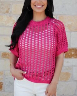 Open Knit Pink Short Sleeve Pullover