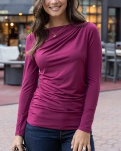 Pleated Winterberry Boat Neck Top