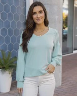 Pleated Sleeve Light Mint Top -Active Aura Shop PleatedPuffSleeveTop DustyMint 3