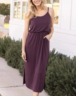 Pocketed Blouson Dress In Italian Fig