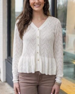 Pointelle Ivory Peplum Cardigan