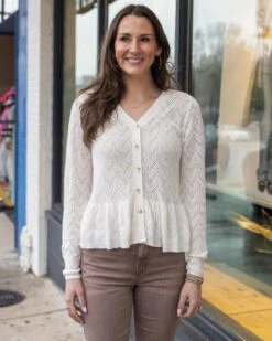 Pointelle Ivory Peplum Cardigan -Active Aura Shop PointellePeplumCardigan Ivory 8