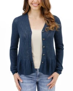 Pointelle Deep Sea Peplum Cardigan -Active Aura Shop PointellePeplumCardigan SoftNavy 3