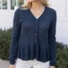 Pointelle Deep Sea Peplum Cardigan -Active Aura Shop PointellePeplumCardigan SoftNavy 4
