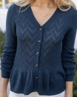 Pointelle Deep Sea Peplum Cardigan -Active Aura Shop PointellePeplumCardigan SoftNavy 6