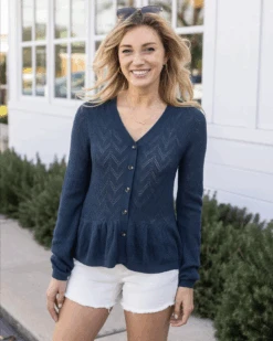 Pointelle Deep Sea Peplum Cardigan -Active Aura Shop PointellePeplumCardigan SoftNavy 7