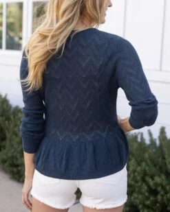 Pointelle Deep Sea Peplum Cardigan -Active Aura Shop PointellePeplumCardigan SoftNavy 8