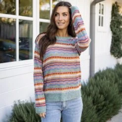 Pointelle Multi Earthtone Striped Sweater -Active Aura Shop PointelleStripedSweater MultiEarthtone 11