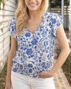 Toile Print Ruffle Sleeve Smocked Waist Top