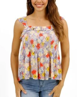 Ruffle Smocked Violet Floral Tank Top -Active Aura Shop RuffleSmockedTankTop VioletFloral 1