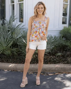 Ruffle Smocked Violet Floral Tank Top -Active Aura Shop RuffleSmockedTankTop VioletFloral 3