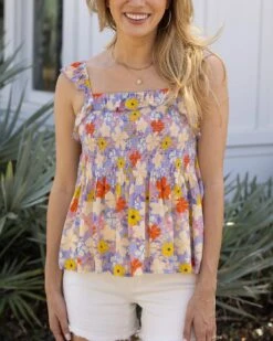 Ruffle Smocked Violet Floral Tank Top