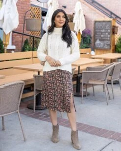 Satin Midi Black Ditsy Floral Skirt -Active Aura Shop SatinMidiFloralSkirt BlackDitsy 1